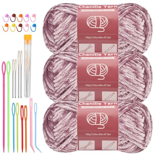 Image of LUNARM Chenille Yarn 3 Pack 3.5oz Chunky Blanket Velvet Yarn 263 Yard | Purple Gray Chunky Chenille Yarn for Beginners Crocheting Hand Knitting Scarves with Big Eye Needles Machine Washable