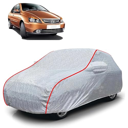 Image of Sulfar 100% Waterproof Car Body Cover Compatible with Mirror for Tata Indigo CS (Triple Stitched, Full Bottom Elastic, Magic Silver with Red Piping)
