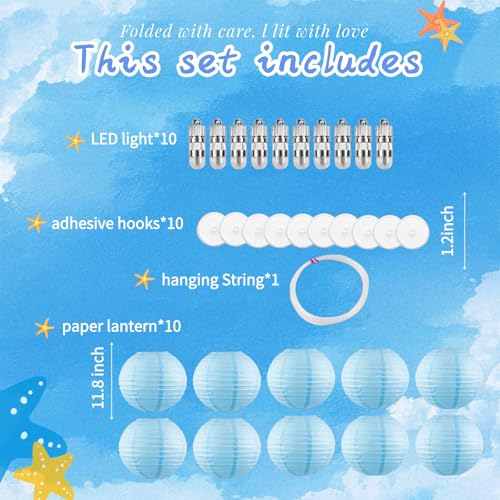 Image of Chinese Paper Lanterns - Pack of 10, 12-Inch Light Blue Hanging Lights for Ceiling Decor, Winter Wonderland, Frozen Themed Party, and Nursery Decor