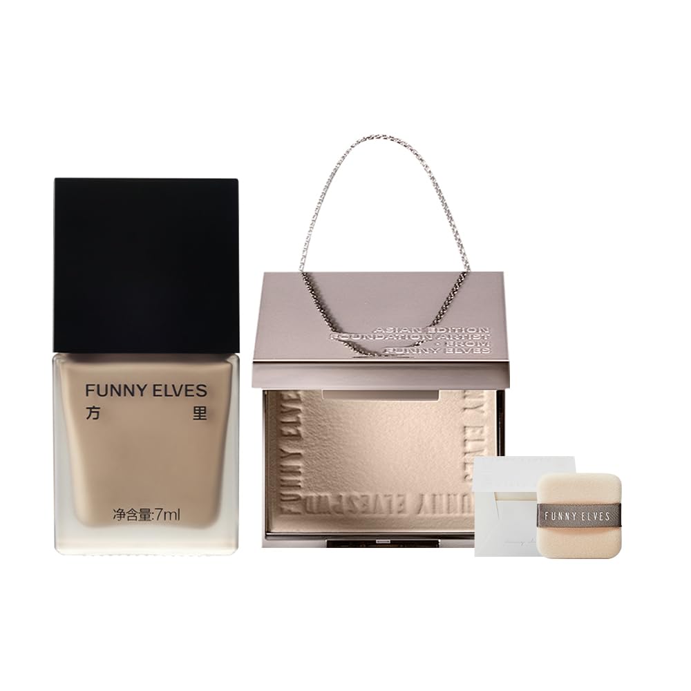 Funny Elves mini set 組み合わせ商品 ロングウェア ファンデーション+ソフトマットプレストパウダー ファニーエルヴス 方里 (F01ライトベージュ(脂性肌向け), 7ml+3.5g)
