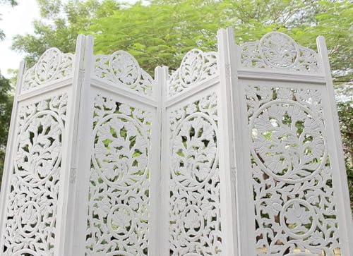 Image of Wooden Room Divider Decorative Foldable Privacy Screen Hand Carved Partition for Living Room Bedroom Office Decor (6 Feet 4 Panel White Each Panel Size 72X20 Inch)