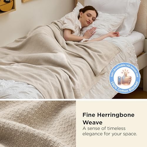 Image of Bedsure 100% Cotton Blanket, Herringbone Weave, Twin-XL, Linen Beige