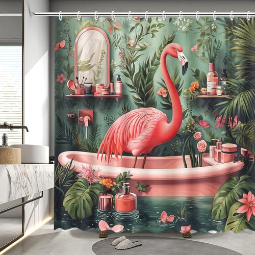 MEHOFOND Flamingo Shower Curtain Tropical Palm Leaf Shower Curtain for Bathroom for Girl Woman Summer Pink Flamingo Green Leaf Home Bathtub Decor Waterproof Bath Curtain with 12 Hooks 72x72 Inch