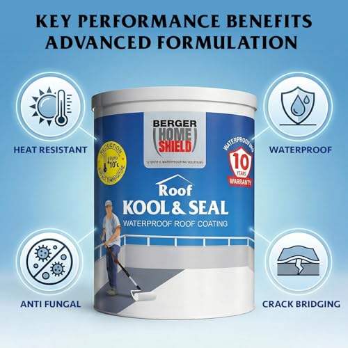 Image of BERGER HomeShield Roof Kool & Seal Roof Coating Solar Reflective Heat Resistant Waterproofing Paint for Terrace Fully Acrylic Elastomeric Crack Bridging Anti-Microbial & Dirt-Resistant (4L, White)