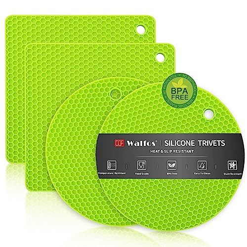 Image of Walfos Silicone Trivet Mats - 4 Heat Resistant Pot Holders, Multipurpose Non-Slip Hot Pads for Kitchen Potholders, Hot Dishers, Jar Opener, Spoon Holder, Food Grade Silicone & BPA Free (Green)