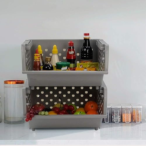 Miniatura 5 de Paquete de 4 cestas de almacenamiento apilables de plástico grande, cestas apilables de plástico para cocina, color gris