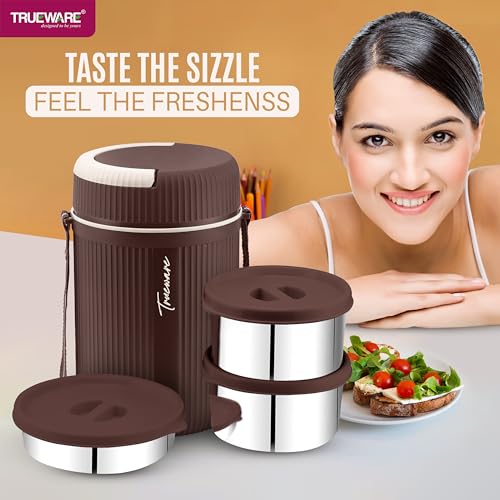 Image of Trueware Plastic GRUB 2 Double Wall Insulated Hot Lunch Box with 2 SS Container 300 Ml Each & 1 SS Container 200Ml | BPA Free | Food Grade | Hot and (LBI-GRB-002-Brown BAZ)