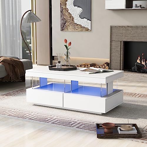 OKMYHOME Tables Basses - Table Basse Rectangulaire Moderne avec Éclairage LED Multicolore et 2 Tiroirs de Rangement - Blanc