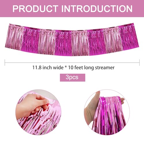 Image of BEISHIDA 3 Packs Metallic Foil Fringe Garland Pink Mix Wall Hanging Tinsel Fringe Banners for Car Floats Birthday Baby Bridal Shower Wedding Graduation Holiday Party Decoration(30 Feet)