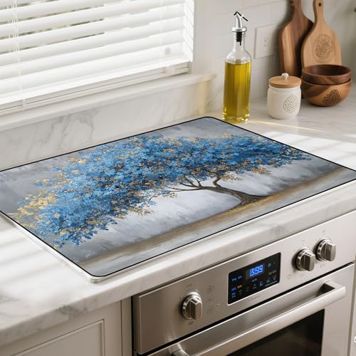 Image of Heat-Resistant Glass Stove Top Cover with Anti-Slip Rubber Coating - 28.5x20.5 Inch Electric Stove Protector, Scratch-Resistant, Expands Counter Space (Blue Tree, 28.5 inchL x 20.5 inchW)