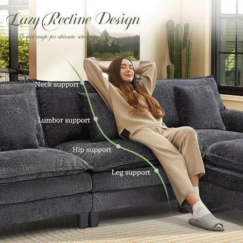 Image of Comfy Chenille Cloud Couch, Modular Sectional Sofa with Movable Ottoman, Deep Seat Couches for Living Room, Bedroom and Apartment, 106 inch L Shaped Modern Sofa with Pillows, Black