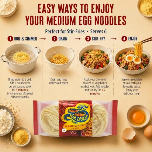 Image of Blue Dragon Egg Noodles Variety Bundle (Fine & Medium), 600g (Pack of 2) Includes 12 Portioned Nests, Authentic Asian Stir Fry & Chow Mein Noodles, Imported from Thailand