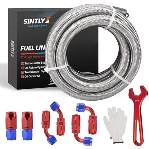 SINTLY 8AN 10FT Fuel Line Hose Kit, AN8 CPE Braided Nylon Fuel Line with 6PCS Swivel Fuel Hose Fitting Adapter Kit Silver Cover