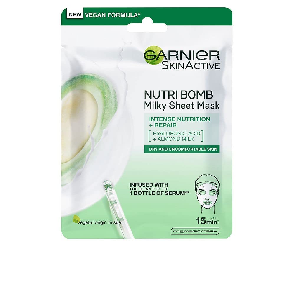 Garnier Maschera in Tessuto Nutriente Riparatrice NutriBomb, Ottima per la Pelli Secche e Molto Secche, Arricchita con Latte di Mandorla e Acido Ialuronico, 28 g 1 unità (Confezione da 1)