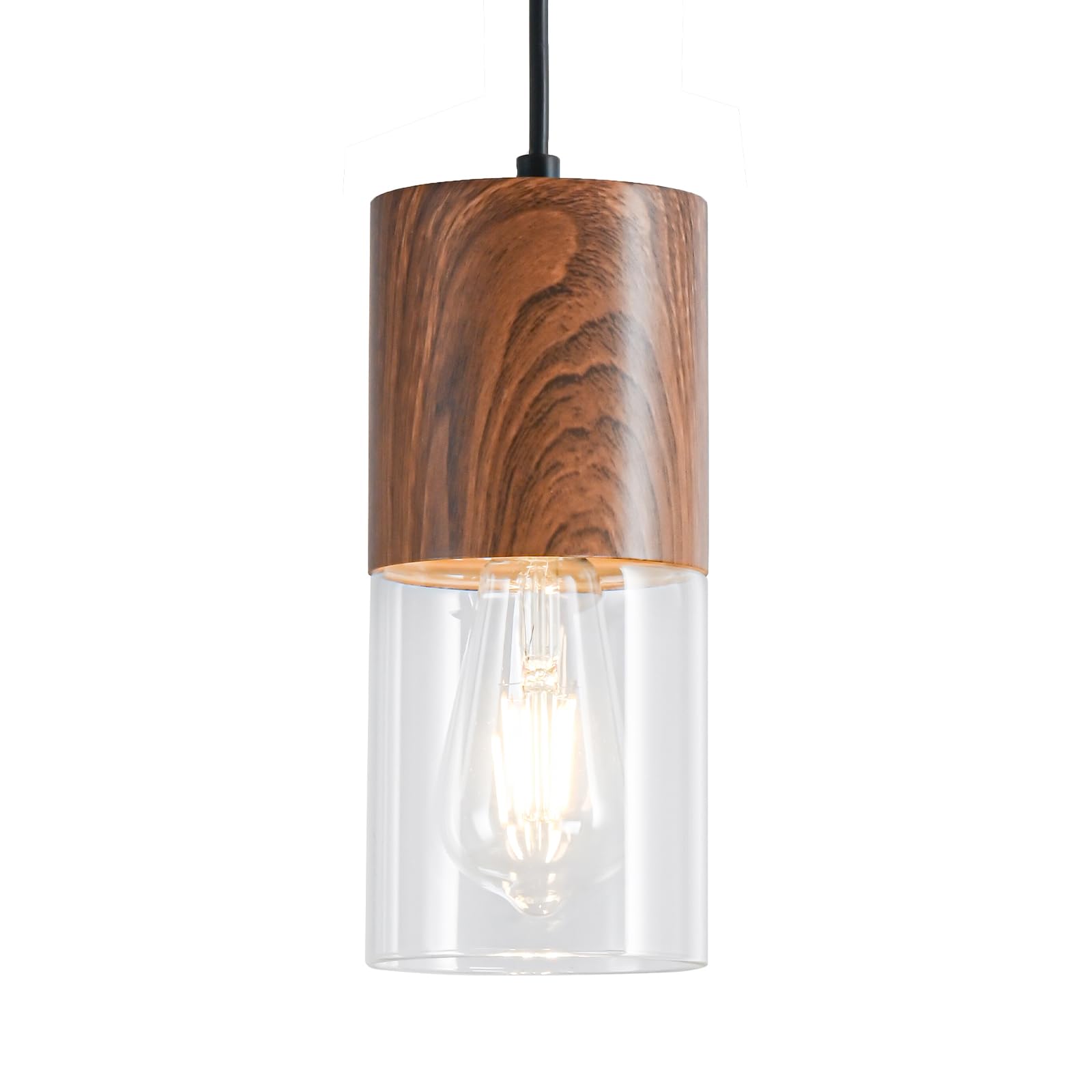 Modern Pendant Lights for Kitchen Island, Adjustable Pendant Light Fixtures with Brown Wood Grain, Industrial Clear Glass Pendant Lights for Dining Table Hallway Bedroom Living Room,1 Pack