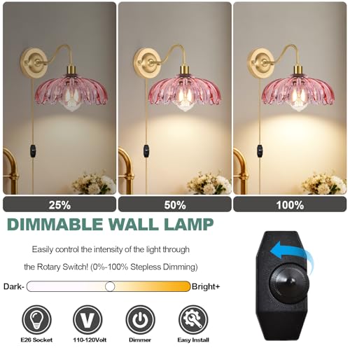 Image of ZECOXOL Vintage Plug in Wall Sconces Set of Two, Glass Wall Sconces Lamps with Flower Lampshade & Dimmable Plug in Cord, Dimmable Sconces Wall Decor Set of 2 Plug in Wall Lights Sconces for Bedroom
