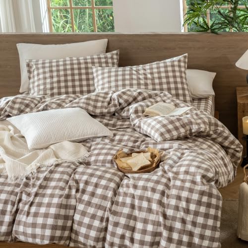 Image of MooMee Gingham Duvet Cover Set 100% Washed Cotton Linen Like
