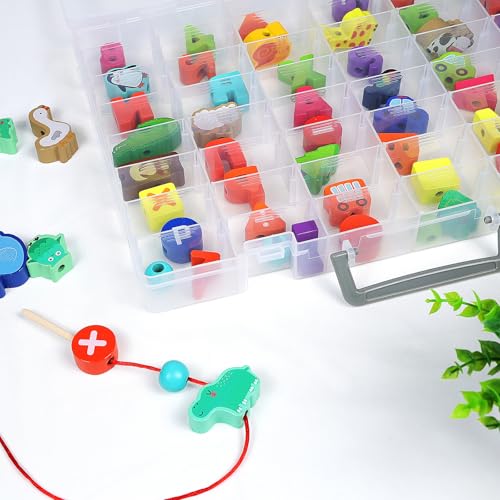 Image of CGCG 2-Pack 48-Compartment Clear Plastic Organizer Box 14.37x10.63 | Storage case with handles, removable dividers for miniatures, small toy, fishing tackle, diamond painting, pencils, crafts