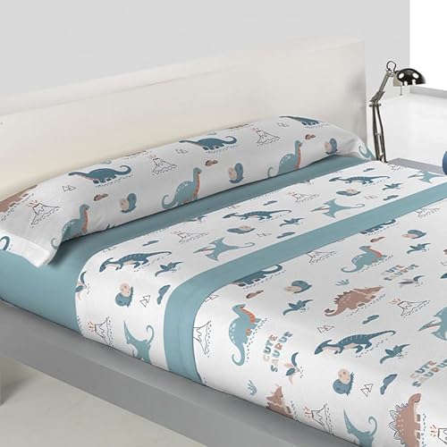 Rufino Díaz Juego Sábanas 3 Piezas Invierno Coralina Cute Saurus - Turquesa, 90 cm