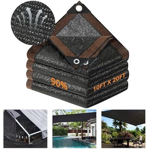 Garden 90% Shade Mesh Cloth, Phiowocx 10 x 20FT Sun Shade Net,Resistant Mesh Sun Shade Reinforced Grommets Shade Trap for Greenhouse,Plant,and Backyard Patio Sunshade,Pergola(Black-3x6m), ZYW36 Cover