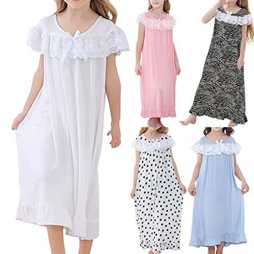 Girls Lace Nightgown Plain Kids Ruffle 𝐏ajamas Dress Striped Polka Dot Long Dresses 𝐒leepwear Loose Outfits