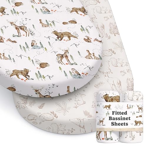 Image of Baby Bassinet Sheets for Boy, Girl (Magic Forest) 2-Pack - Fitted Bedside Bassinet Sheets - Buttery Soft Cotton Blend for Standard Mattress Pad - Compatible with Halo BassiNest