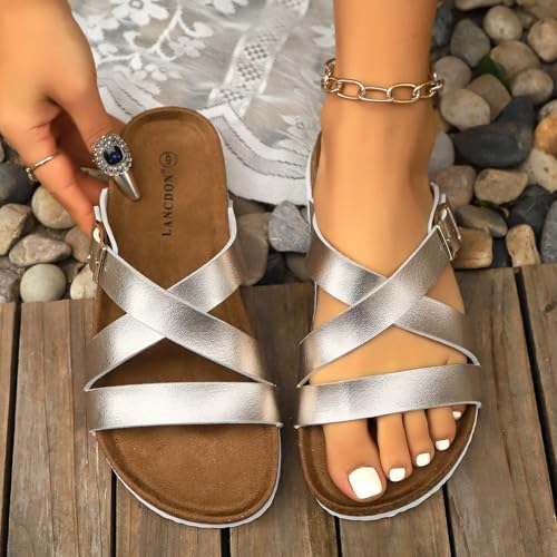 Image of Sandals Women Wide Width, Cork Footbed Arch Support Summer Beach Slide Sandals, Adjustable Strap for Wide Feet