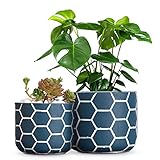 UNIQOOO 2PCS Morden Decorative Blue Hexagon Flower Planter Pots Set 5.5 &4 Inch, 100 Handmade with Drainage, Multi-Use Indoor Outdoor Garden Home Container Box Vase, For Living Room, Succulent, Orchid