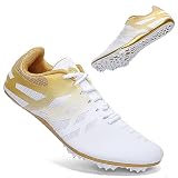 Men Women Kids Track and Field Shoes Professional 8 Spikes Running Racing Sneakers Breathable Lightweight Sprinting Shoes (6.5,White Gold)