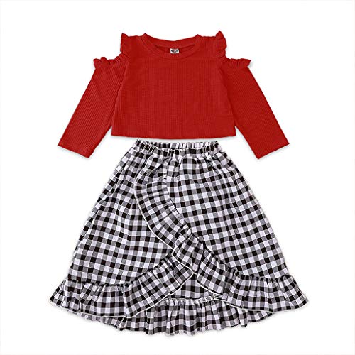 YOUNGER TREE Toddler Kids Baby Girl Dress Flower Print Ruffle Long Sleeve Princess Dress Outfit Clothes (3-4 Years, Red+Plaid)