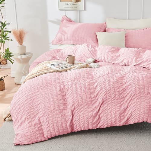Image of HYMOKEGE Pink /Ivory Full Size Comforter Sets Seersucker 7 Pieces, All Season Luxury Bed in a Bag for Bedroom, Bedding Set with Comforter, Sheets, Pillowcases & Shams