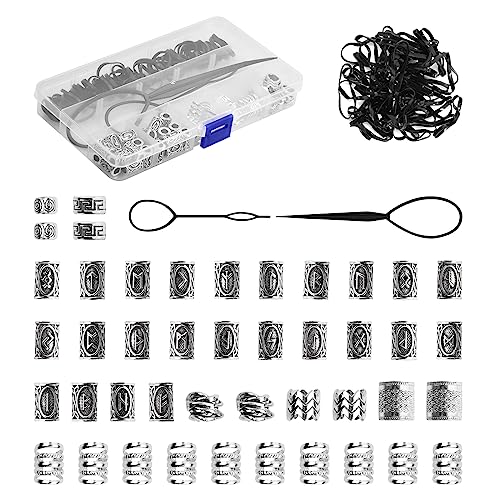 44 Stück Bartperlen Set für Wikinger Dekoration Bartperle Bartperlen zum Klipsen Bartschmuck MäNner Haarperlen für Dreadlocks Braids Schmuck mit Bartgummi und Bartperlen Einfädler