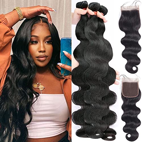 10A Body Wave Bundles with Closure 100% Human Hair Bundles with Closure Brazilian Virgin Body Wave Human Hair Weave Bundles with 4x4 Lace Closure Free Part (22 24 26+20 closure)