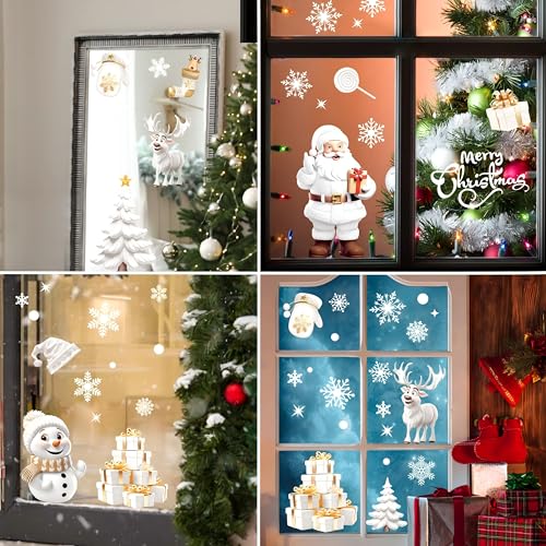 Image of AhfuLife Christmas Window Clings, 190 PCS Large 3D Reusable Window Stickers for Glass, 9 Sheets Double Sided Santa Claus Snowman Snowflakes Reindeer Stickers for Party Decorations