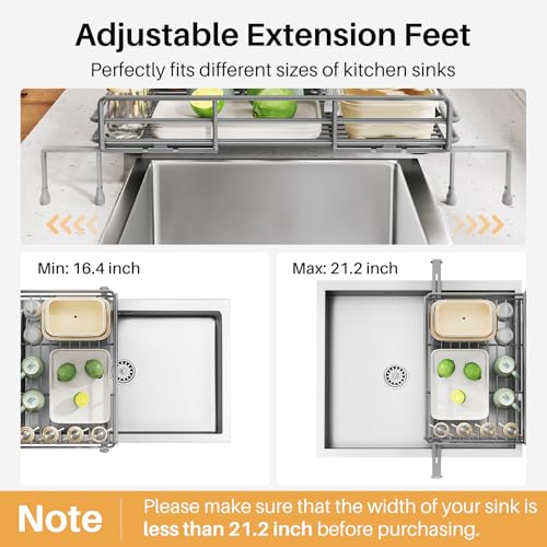 Image of SNTD Dish Drying Rack - Extendable Dish Rack, Large Sink Drying Dish Drainer for Kitchen Counter, Stainless Steel Dish Strainer with Utensil Holder (Grey)