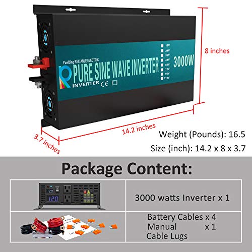 WZRELB 3000watt Pure Sine Wave Inverter 12V DC to 120V AC 60HZ with LED Display Wireless Remote Controller Car Inverter Generator (RBP300012VCRT) by WZRELB - Image 5