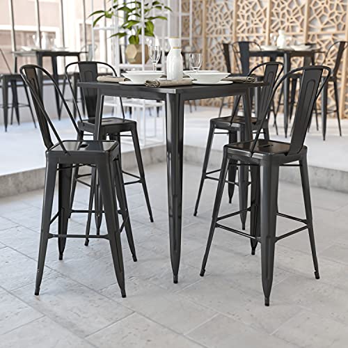EMMA + OLIVER Commercial Grade 31.5" Square Black Metal Indoor-Outdoor Bar Height Table
