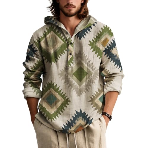 Mens Graphic Button Hoodies Cowboys Aztec Patriotsic Pullover Tops Long Sleeve Sweatshirt Hooded Western Shirts