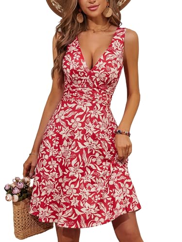 Image of OURIN Women's Spring Deep V Neck Sleeveless Floral Sundresses with Pockets Flowy Summer Dresses for Women
