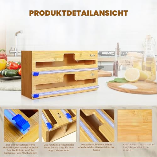 Foto von QINGLOU Folienschneider,2 in 1 Folienspender Mit Cutter, Bambus/Folienabroller,Frischhaltefolie, Wachspapierrolle Bambusholz Organizer Für Küchenschublade (2 in 1)