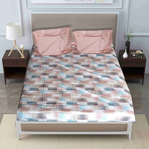 Image of Pure Source India Pure Cotton Elegance Bedding Set, Dreamy Cotton Comfort Double Bed Sheet with Pillow Covers (Blue Pink Brown Strips)
