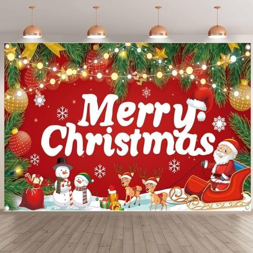 YRYLHS 7x5ft Christmas Backdrop Photography Background - Merry Xmas Winter Snow Scene with Tree, Santa & Gifts for Holiday Party Decor, Family Photo Booth Banner Props (72.8 x 43.3 Inch)