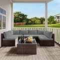 Qsun 7 Pieces Patio Furniture Set, Outdoor Sectional Rattan Sofa Set, Wicker Patio Conversation Set with Cushions and Glass Coffee Table, for Balcony, Porch, Garden, Grey
