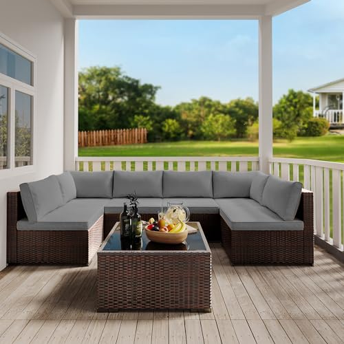 7 Pieces Patio Furniture Set, Outdoor Sectional Rattan Sofa Set, Wicker Patio Conversation Set with Cushions and Glass Coffee Table, for Balcony, Porch, Garden, Grey