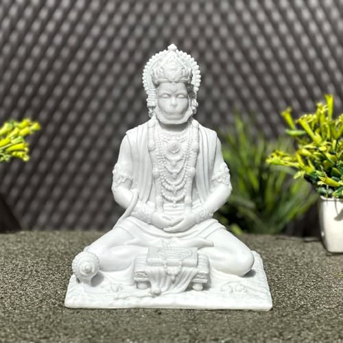 Image of Karigaari India White Marble Finish Hanuman Idol Sitting in Meditation Pose | Bajrangbali Murti for Home Temple Office Car Dashboard | Decorative Spiritual Figurine for Puja & Gifting
