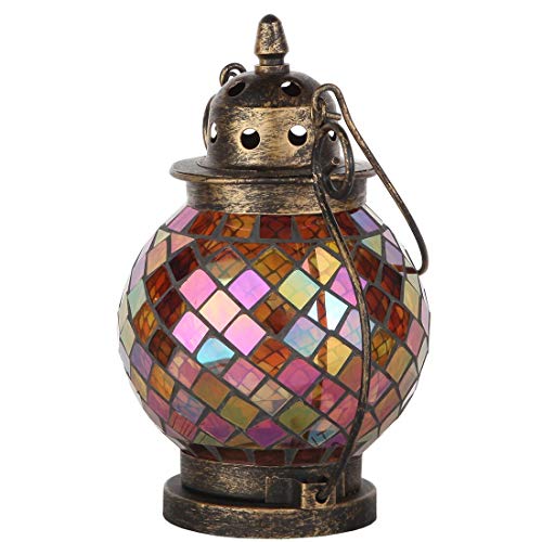 Lily's Home Decorative Candle Lanterns, Mosaic Glass And Wrought Iron Tea Light Candle Holder For Indoor Or Outdoor Hanging Lantern. Candle Not Included. Orange And Gold #TOP6