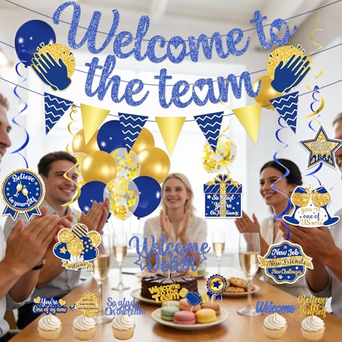 Image of Welcome to The Team Decorations - Welcome to The Team Banner Garland Hanging Swirls Balloons Cake Topper Cupcake Toppers Welcome Decorations for Office Sign New Employees Coworker Staff Gift (Blue)