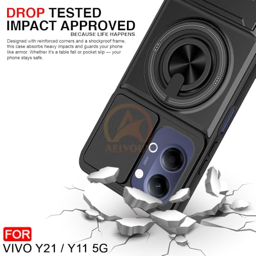 Image of Vivo Y21 5G / Y11 5G Back Cover | Armor Camera Slider 360 Degree Rotating Finger Ring Holder Case with Bracket Stand Back Case Cover (Compatible with MagSafe Accessories) (Black)