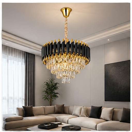 Modern Round K9 Crystal Chandelier (1307-500BK+GD) | Black & Gold Luxury Pendant Ceiling Light Fixture for Living Room, Dining Table, Bedroom, Restaurant, 500mm Diameter Multi-Tier Lamp-image-18