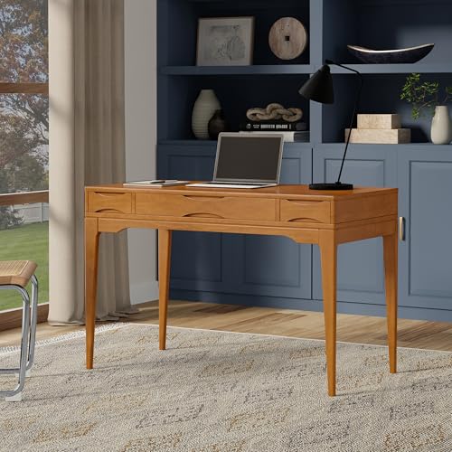 Image of SIMPLIHOME Harper Small Desk - 48 inch Wide Solid Hardwood Writing Desk in Honey Brown, Mid-Century Modern Home Office Table for Study or Work with 2 Drawers and Flip-Down Keyboard Tray